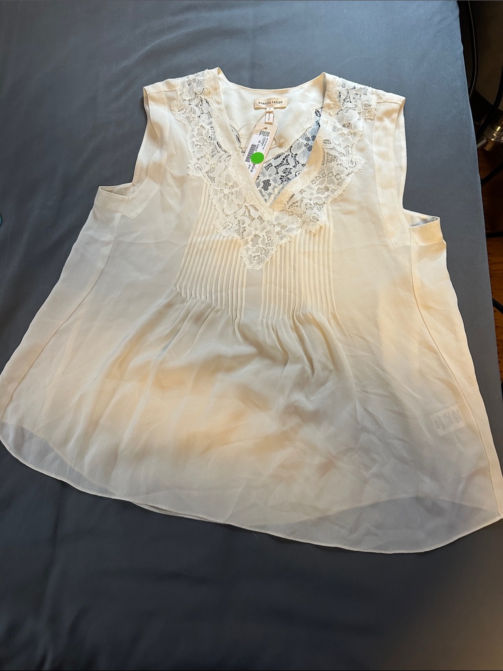 Rebecca Taylor Ivory Lace-Trim Pleated V-Neck Camisole